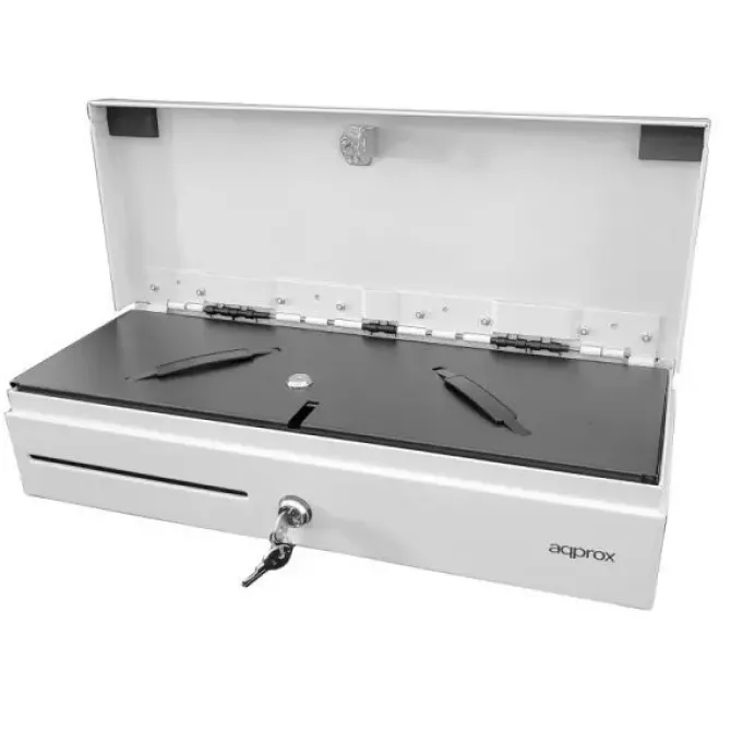 APPROX CAJON PORTAMONEDAS ELECTRICO COMPACTO - 14 COMPARTIMENTOS - APERTURA MANUAL Y AUTOMATICA - CONEXION RJ11 - COLOR BLANCO