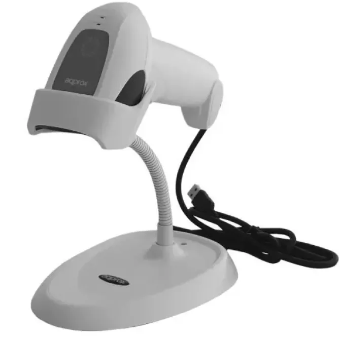 APPROX LECTOR DE CODIGOS DE BARRAS 1D USB CON SOPORTE - INDICADOR LED, BEEPER - VELOCIDAD 300 VECES POR SEGUNDO - COLOR BLANCO