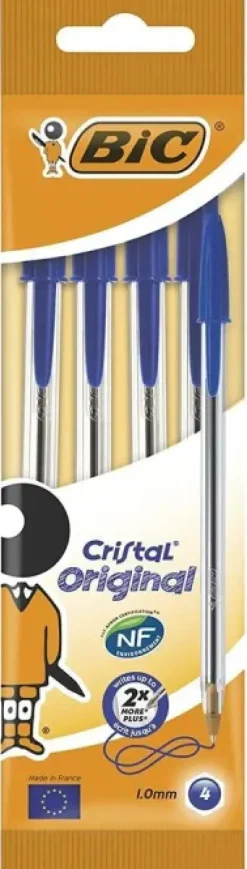BIC CRISTAL ORIGINAL PACK DE 4 BOLIGRAFOS DE BOLA - PUNTA REDONDA DE 1.0MM - TRAZO 0.4MM - TINTA CON BASE DE ACEITE - COLOR AZUL