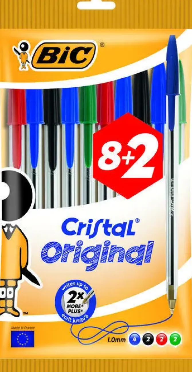 BIC CRISTAL ORIGINAL PACK DE 10 BOLIGRAFOS DE BOLA - PUNTA REDONDA DE 1.0MM - TRAZO 0.4MM - TINTA CON BASE DE ACEITE - COLORES SURTIDOS