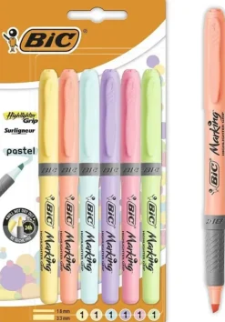 BIC HIGHLIGHTER GRIP PACK DE 6 MARCADORES FLUORESCENTES PASTEL - TINTA CON BASE DE AGUA - PUNTA BISELADA - TRAZO ENTRE 1.60 Y 3.30MM - COLORES SURTIDOS