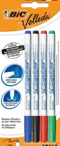 BIC VELLEDA 1721 PACK DE 4 ROTULADORES PARA PIZARRA - PUNTA FINA - TRAZO DE 1.6MM - BORRADO OPTIMO - COLORES SURTIDOS