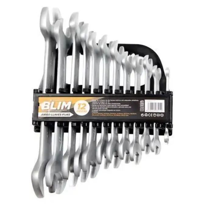 BLIM JUEGO DE 12 LLAVES DE DOS BOCAS METRICA - CABEZALES ULTRAFINOS - CABEZAL EN ANGULO DE 15° - ALEACION DE ACERO DE ALTAS PRESTACIONES - MANGO EN FORMA DE U - MARCAS DE TAMAÑO UNIDIRECCIONALES - ACA