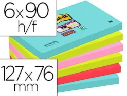 BLOC DE NOTAS ADHESIVAS QUITA Y PON POST-IT SUPER STICKY 76X127 MM CON 90 HOJAS PACK DE 6 UNIDADES COLORES MIAMI