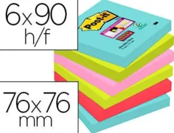BLOC DE NOTAS ADHESIVAS QUITA Y PON POST-IT SUPER STICKY 76X76 MM CON 90 HOJAS PACK DE 6 UNIDADES COLORES MIAMI