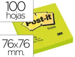 BLOC DE NOTAS ADHESIVAS QUITA Y PON POST-IT 76X76 MM VERDE NEON CON 100 HOJAS