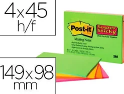 BLOC DE NOTAS ADHESIVAS QUITA Y PON POST-IT SUPER STICKY 149X98 MM CON 45 HOJAS PACK DE 4 UNIDADES COLORES NEON