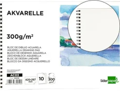 BLOC DIBUJO LIDERPAPEL ACUARELA ESPIRAL 297X420MM 10 HOJAS 300G/M2 SIN RECUADRO