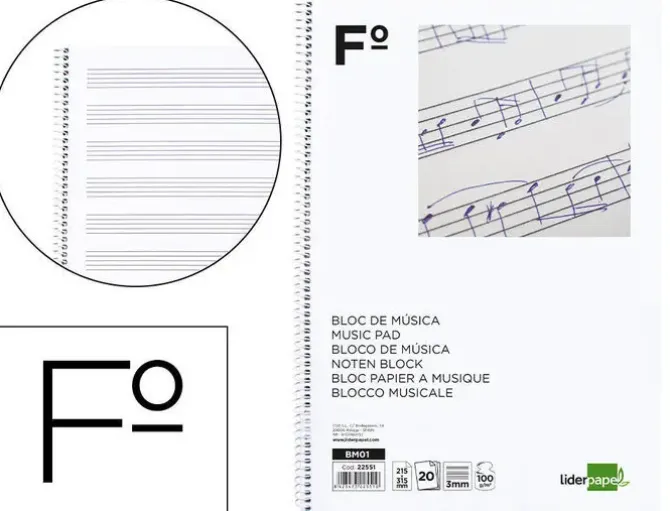 BLOC MUSICA LIDERPAPEL PENTAGRAMA 3MM FOLIO 20 HOJAS 100G/M2