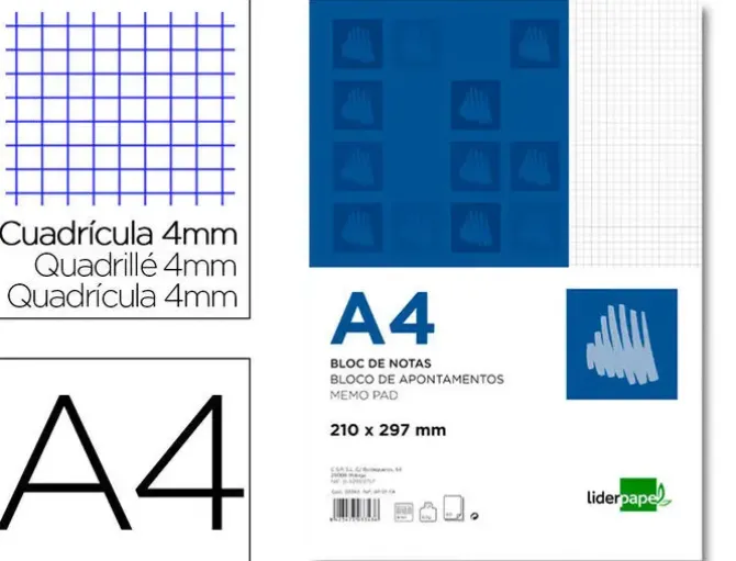 BLOC NOTAS LIDERPAPEL CUADRO 4MM A4 80 HOJAS 60G/M2