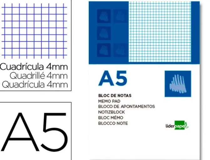 BLOC NOTAS LIDERPAPEL CUADRO 4MM A5 80 HOJAS 60G/M2 PERFORADO