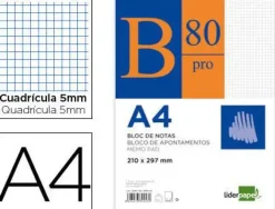 BLOC NOTAS LIDERPAPEL CUADRO 5MM A4 80 HOJAS 60G/M2 ENCOLADO