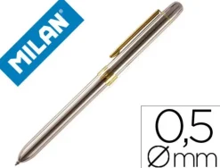 BOLIGRAFO MILAN CROMADO ADORNOS DORADOS MULTIFUNCION AZUL/ROJO/PORTAMINAS 0,5 MM/ GOMA DE BORRAR EN CAJA METAL