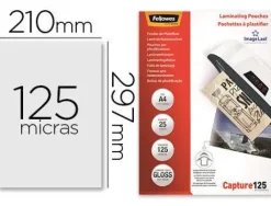 BOLSA DE PLASTIFICAR FELLOWES BRILLO DIN A4 125 MICRAS PACK DE 25 UNIDADES