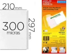 BOLSA DE PLASTIFICAR 3L OFFICE MANUAL EN FRIO 300 MC DIN A4 CON DORSO ADHESIVO PACK 10 UNIDADES