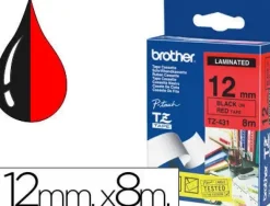 BROTHER TZE431 CINTA LAMINADA ORIGINAL DE ETIQUETAS - TEXTO NEGRO SOBRE FONDO ROJO - ANCHO 12MM X 8 METROS