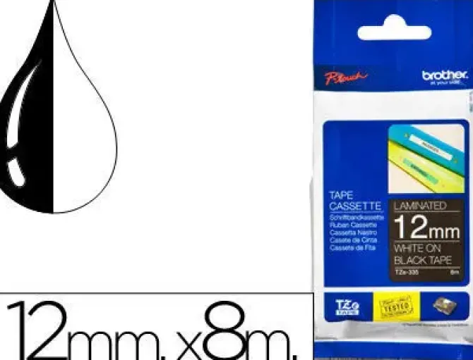 BROTHER TZE335 CINTA LAMINADA ORIGINAL DE ETIQUETAS - TEXTO BLANCO SOBRE FONDO NEGRO - ANCHO 12MM X 8 METROS