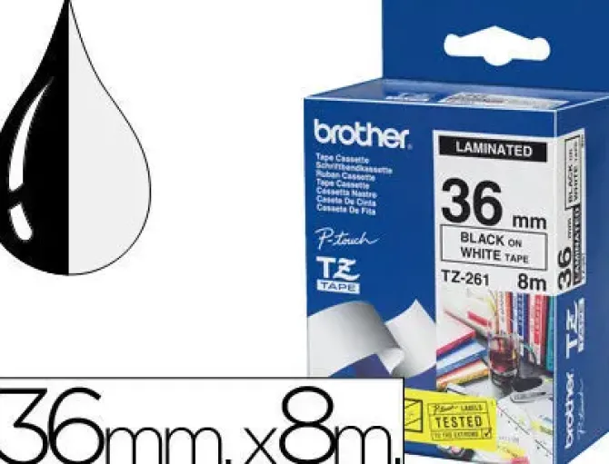BROTHER TZE261 CINTA LAMINADA ORIGINAL DE ETIQUETAS - TEXTO NEGRO SOBRE FONDO BLANCO - ANCHO 36MM X 8 METROS