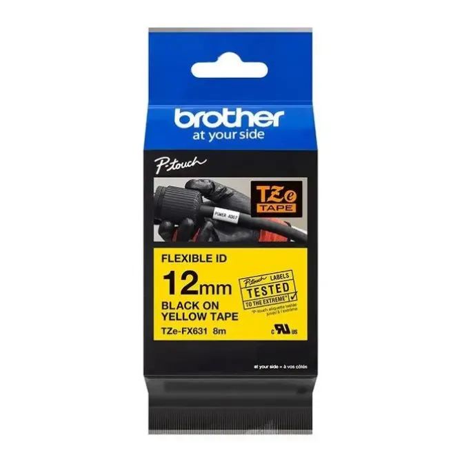 BROTHER TZEFX631 CINTA LAMINADA FLEXIBLE ORIGINAL DE ETIQUETAS - TEXTO NEGRO SOBRE FONDO AMARILLO - ANCHO 12MM X 8 METROS
