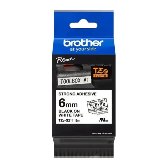 BROTHER TZES211 CINTA LAMINADA SUPER ADHESIVA ORIGINAL DE ETIQUETAS - TEXTO NEGRO SOBRE FONDO BLANCO - ANCHO 6MM X 8 METROS