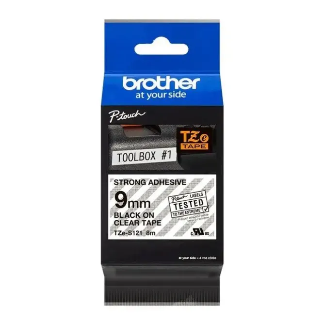 BROTHER TZES121 CINTA LAMINADA SUPER ADHESIVA ORIGINAL DE ETIQUETAS - TEXTO NEGRO SOBRE FONDO TRANSPARENTE - ANCHO 9MM X 8 METROS