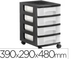 CAJONERA ARCHIVO 2000 4 CAJONES TRANSPARENTE CARCASA NEGRA 6 LITROS CON RUEDAS 390X290X480 MM