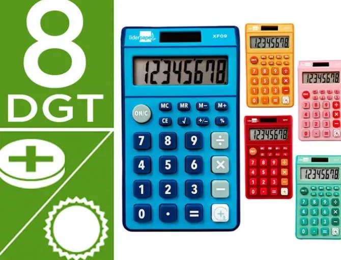 CALCULADORA LIDERPAPEL BOLSILLO XF14 8 DIGITOS SOLAR Y PILAS 115X65X8 MM EXPOSITOR DE 16 UNIDADES COLORES