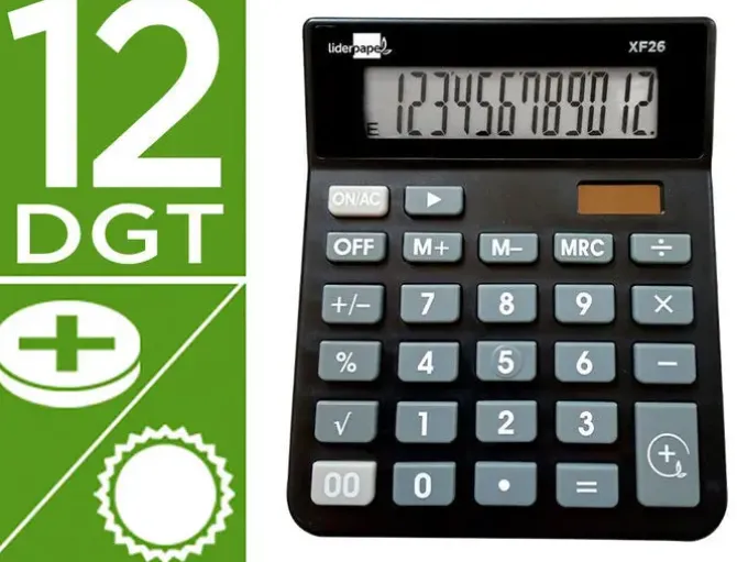 CALCULADORA LIDERPAPEL SOBREMESA XF26 12 DIGITOS SOLAR Y PILAS 127X105X24 MM COLOR NEGRO