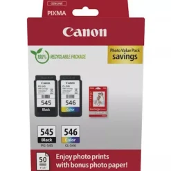 CANON PG545 NEGRO + CL546 COLOR PACK DE CARTUCHOS DE TINTA ORIGINALES + 50 HOJAS DE PAPEL FOTOGRAFICO - 8287B008/8287B006/8287B005