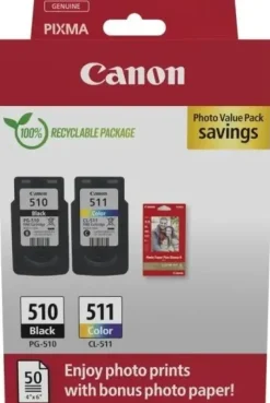 CANON PG-510/CL-511 MULTIPACK DE 2 CARTUCHOS DE TINTA ORIGINALES + 50 HOJAS DE PAPEL FOTOGRAFICO - 2970B017