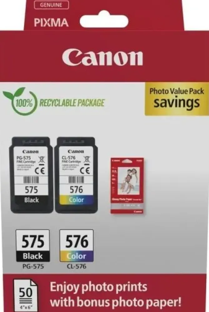 CANON PG575/CL576 PACK DE 2 CARTUCHOS DE TINTA ORIGINALES + 50 HOJAS DE PAPEL FOTOGRAFICO - 5438C004
