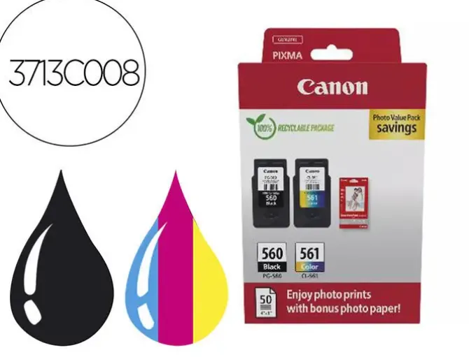 CANON PG560/CL561 PACK DE 2 CARTUCHOS DE TINTA ORIGINALES + PAPEL FOTOGRAFICO BRILLANTE GP-501 - 3713C008