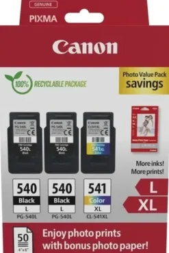 CANON PG540L NEGRO + CL541XL COLOR PACK DE 3 CARTUCHOS DE TINTA ORIGINALES + 50 HOJAS DE PAPEL FOTOGRAFICO - 5224B015