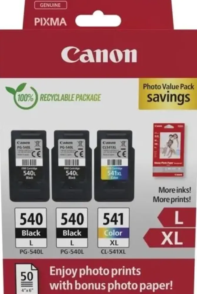 CANON PG540L NEGRO + CL541XL COLOR PACK DE 3 CARTUCHOS DE TINTA ORIGINALES + 50 HOJAS DE PAPEL FOTOGRAFICO - 5224B015