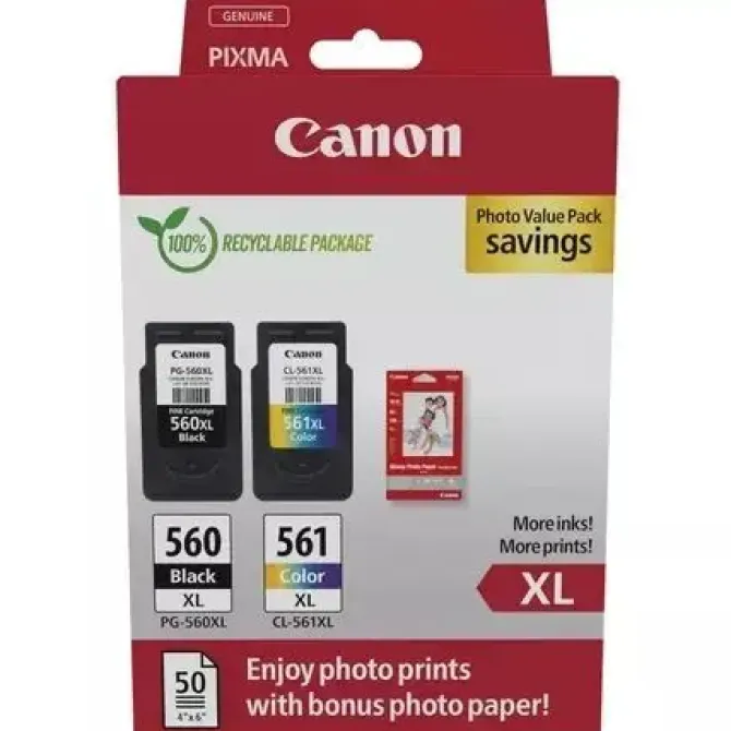 CANON PG560XL NEGRO + CL561XL COLOR PACK DE 2 CARTUCHOS DE TINTA ORIGINALES - 50 HOJAS DE PAPEL FOTOGRAFICO - 3712C008/3712C004