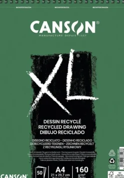 CANSON XL RECYCLED BLOC DE DIBUJO CON 50 HOJAS A4 - ESPIRAL MICROPERFORADO - GRANO FINO - 160G - COLOR BLANCO