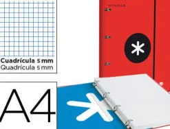 CARPETA CON RECAMBIO Y SOLAPA LIDERPAPEL ANTARTIK A4 CUADRO 5 MM FORRADA 4 ANILLAS REDONDAS 40MM COLOR ROJO