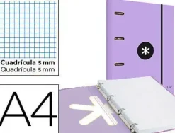 CARPETA CON RECAMBIO Y SOLAPA LIDERPAPEL ANTARTIK A4 CUADRO 5MM FORRADA 4 ANILLAS REDONDAS 40MM COLOR LAVANDA