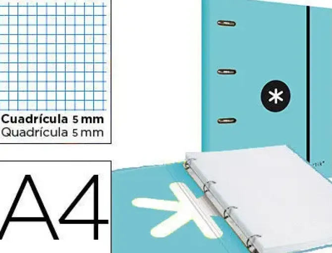 CARPETA CON RECAMBIO Y SOLAPA LIDERPAPEL ANTARTIK A4 CUADRO 5MM FORRADA 4 ANILLAS REDONDAS 40MM COLOR MENTA
