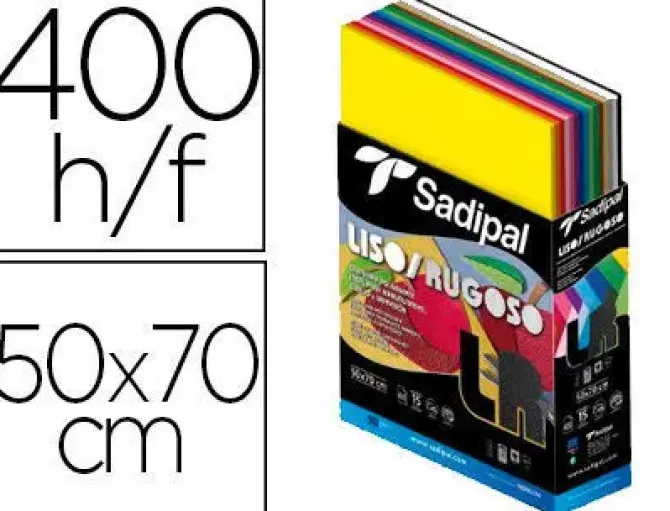 CARTULINA SADIPAL 50X70 CM LISA Y RUGOSA EXPOSITOR CARTON 400 HOJAS SURTIDAS 15 COLORES