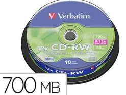 CD-RW VERBATIM SERL CAPACIDAD 700MB VELOCIDAD 12X 80 MIN TARRINA DE 10 UNIDADES