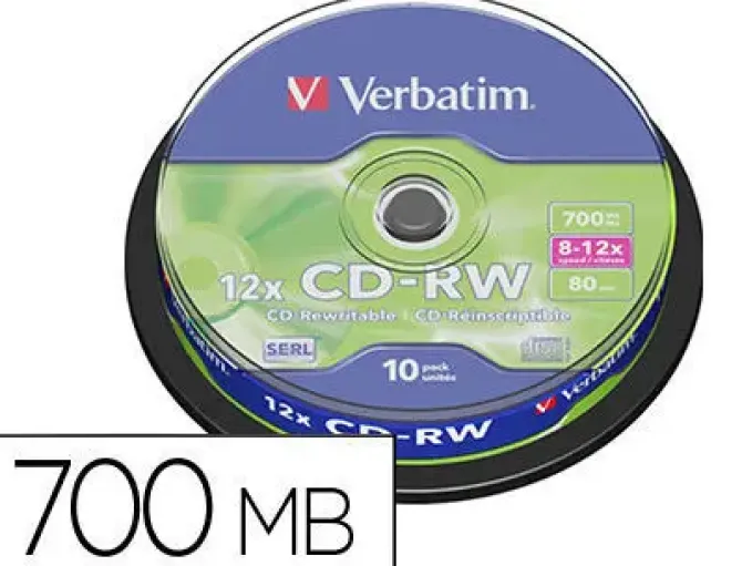 CD-RW VERBATIM SERL CAPACIDAD 700MB VELOCIDAD 12X 80 MIN TARRINA DE 10 UNIDADES