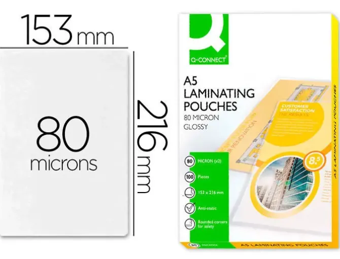CONNECT CAJA DE 100 BOLSAS DE PLASTIFICACIÓN A5 FORMATO 154X216 MM. ESPESOR 80 MICRAS CS74256 CS63419