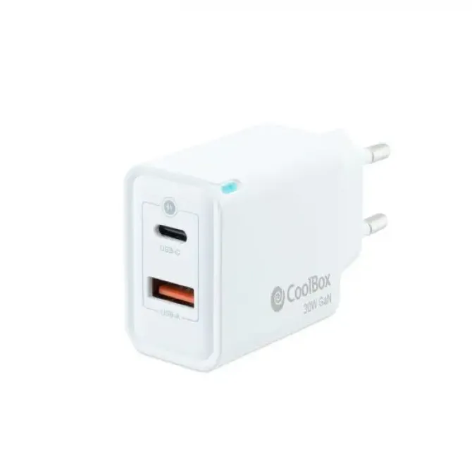 COOLBOX CARGADOR DE PARED 30W QC3.0 + PD - USB-A + USB-C - CARGA RAPIDA - TECNOLOGÍA GAN - COLOR BLANCO