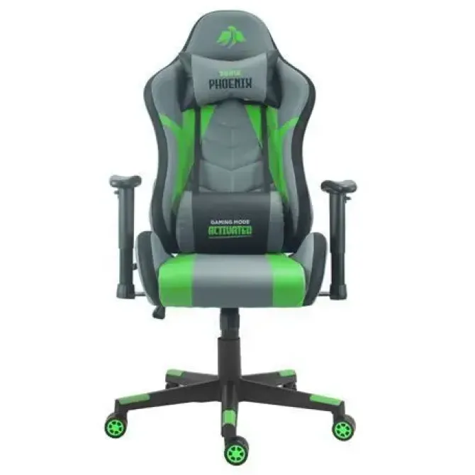 CROMAD SERIE PHOENIX SILLA GAMING - ALTURA REGULABLE CON PISTON DE GAS CLASE 2 - RECLINABLE HASTA 180º - COJINES LUMBAR Y CERVICAL - COLOR GRIS/VERDE/NEGRO