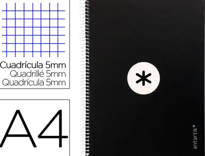 CUADERNO ESPIRAL LIDERPAPEL A4 MICRO ANTARTIK TAPA FORRADA 80H 90 GR CUADRO 5MM 1 BANDA 4 TALADROS NEGRO