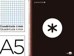 CUADERNO ESPIRAL LIDERPAPEL A5 MICRO ANTARTIK TAPA FORRADA 120H 100 GR CUADRO5MM 5 BANDAS 6 TALADROS COLOR NEGRO