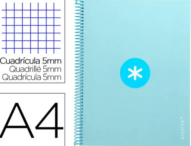 CUADERNO ESPIRAL LIDERPAPEL A4 MICRO ANTARTIK TAPA FORRADA 80H 90 GR CUADRO 5MM 1 BANDA 4 TALADROS CELESTE