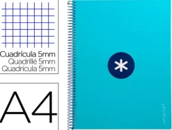 CUADERNO ESPIRAL LIDERPAPEL A4 MICRO ANTARTIK TAPA FORRADA 80H 90 GR CUADRO 5MM 1 BANDA 4 TALADROS TURQUESA