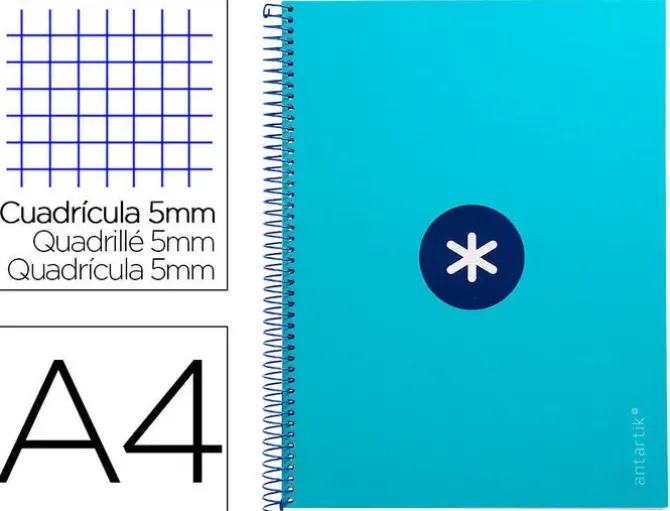 CUADERNO ESPIRAL LIDERPAPEL A4 MICRO ANTARTIK TAPA FORRADA 80H 90 GR CUADRO 5MM 1 BANDA 4 TALADROS TURQUESA